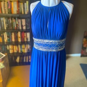 JS Boutique blue jersey dress with beaded and sequined waist